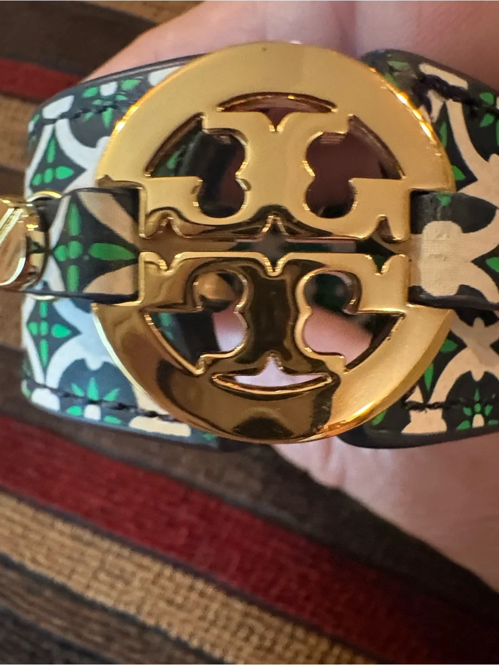Tory Burch Green, White & Black Printed Leather Logo Cuff with Gold Logo